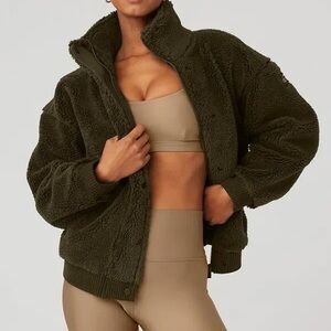 Alo Women's Dark Olive Green Sherpa Varsity Jacket Small NWT